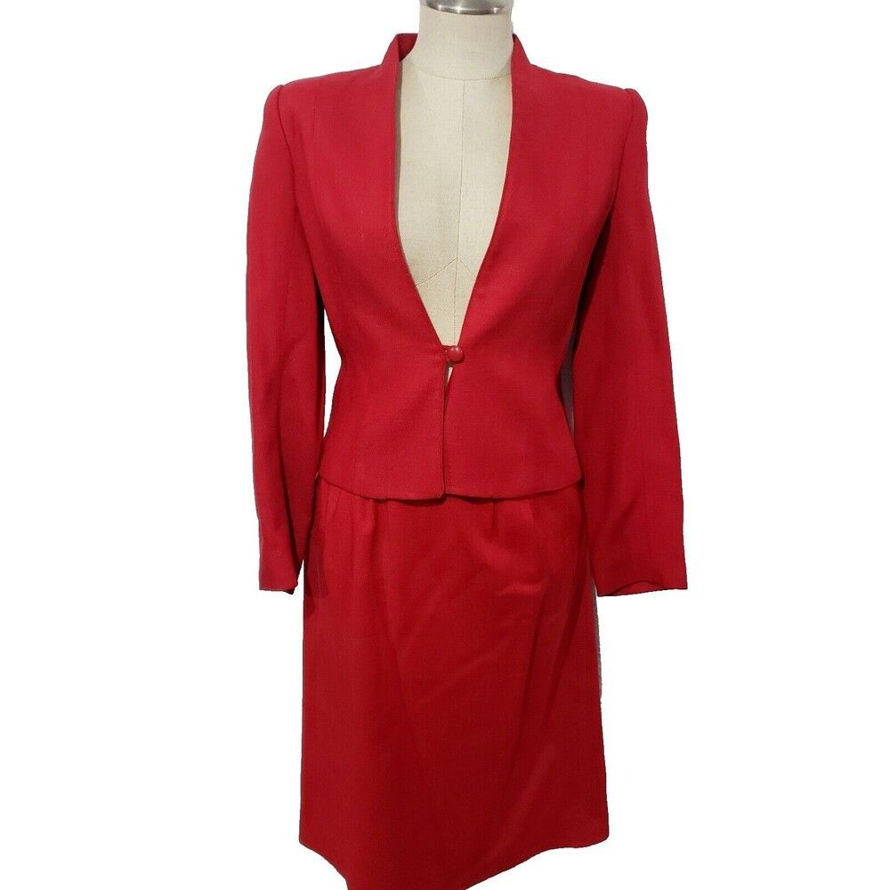 Vtg Haberdasher Red Knee Skirt &Blazer One button Suit 7/8 Made in Korea